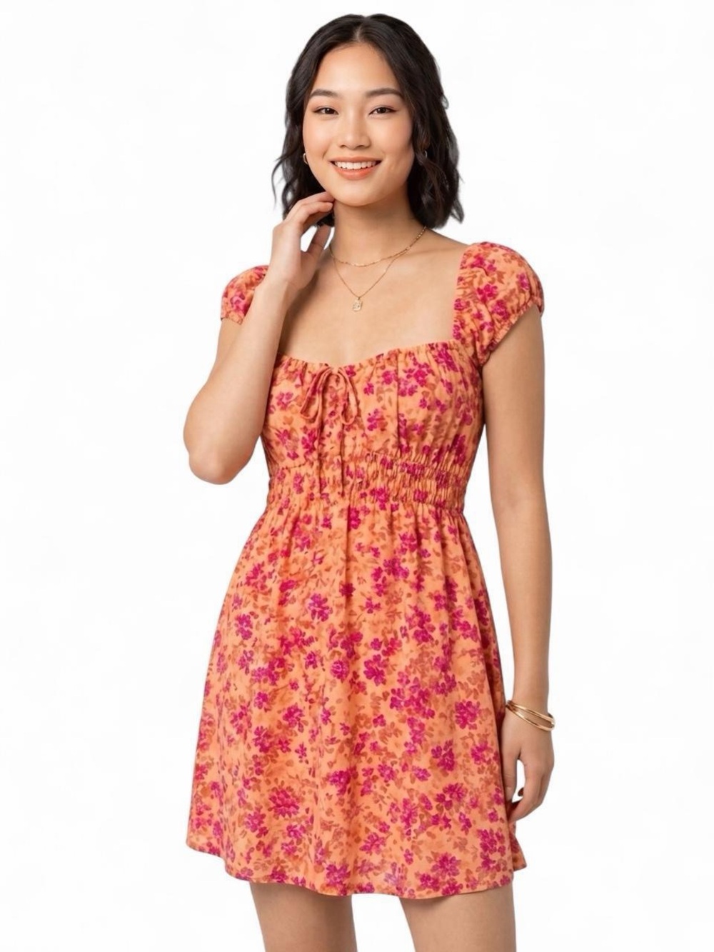 Motel Rocks Pink Orange Floral Mini Dress XS Smocked Puff Sleeve